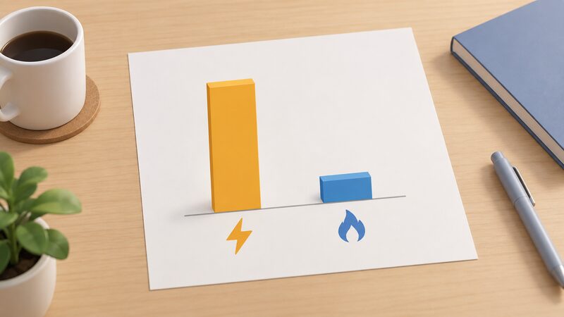 A printed bar chart sheet lying on a table, with two plain bars side by side, the electricity bar drawn roughly four times the height of the gas bar, both bars plain colour blocks with no numbers or words.