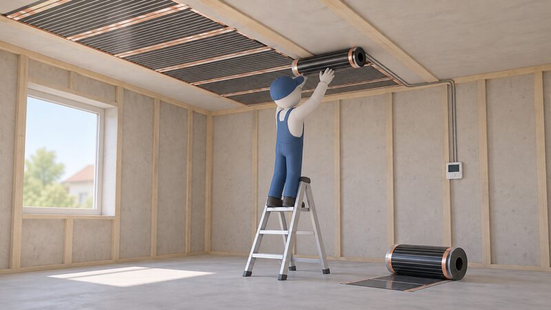 A room under renovation where a simplified figure unrolls heating film across the bare ceiling, with a partially unrolled roll of film nearby and a wall-mounted thermostat connected by visible wiring, all before any plastering has begun.