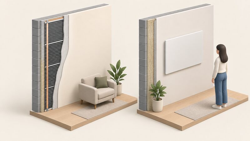 A side-by-side comparison of two wall sections: on the left, a wall finished with plaster and paint over concealed heating film; on the right, a slim flat infrared panel mounted visibly on the wall surface.