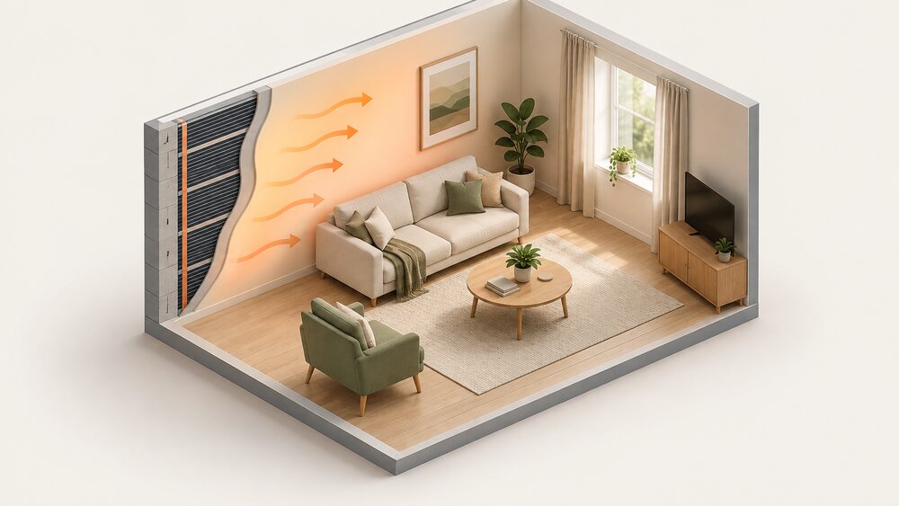 A cutaway living room wall showing a thin electric heating film behind the plaster, with the finished painted wall surface radiating gentle infrared warmth into the furnished room, and no radiators, boiler, pipework or flue anywhere in the scene.