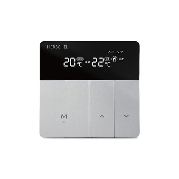 A Herschel wired thermostat with a digital display showing room and set temperatures and three control buttons