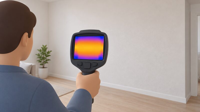 A hand-held thermal camera held up to a plastered interior wall, its screen showing a plain colour view of the wall surface with an even warm band across the middle and cooler colour patches along the top, bottom and side edges.