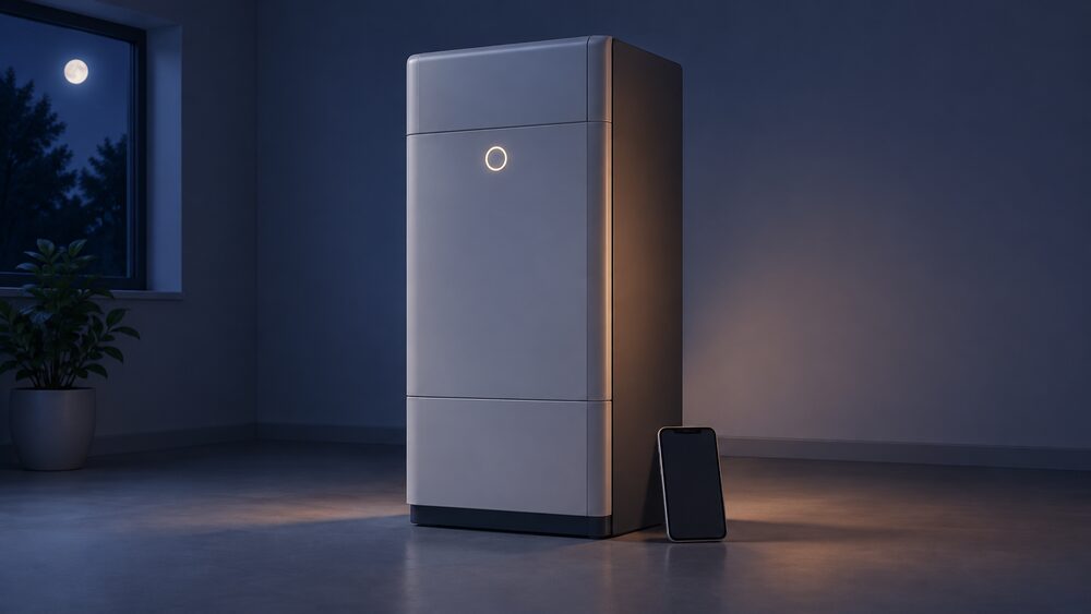A tepeo ZEB heat battery boiler unit shown close up as a single tall cabinet appliance, standing centrally with a smartphone with a blank screen resting beside it, in dim overnight lighting to suggest off-peak charging.