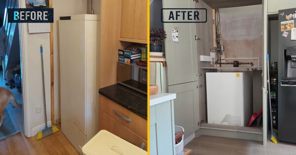 A before-and-after split photo of a tepeo ZEB electric heating battery installed in a kitchen cupboard, replacing a tall old heater