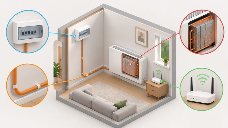 A cutaway isometric view of an indoor ZEB installation showing a cable running from a wall-mounted consumer unit to the heater, with its thermal core visible inside the casing and a small router nearby providing the internet link.