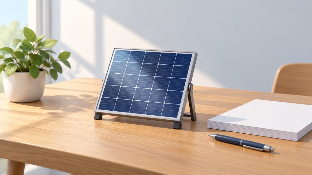 A small model of a dark blue solar panel stands on a wooden table beside a stack of blank white paperwork and a pen, with bright daylight falling across the panel's glass surface.