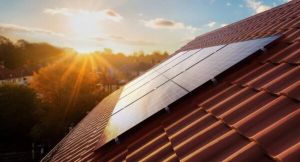 A solar panel installed on a terracotta tiled roof at sunset