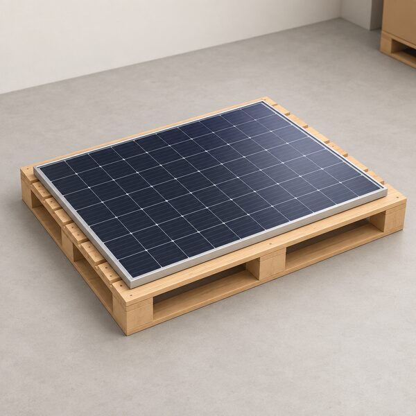A single framed perovskite-on-silicon solar panel resting flat on a wooden pallet in a plain delivery setting, shown as the packaged product a household would receive, with no branding or text visible on the panel or pallet.