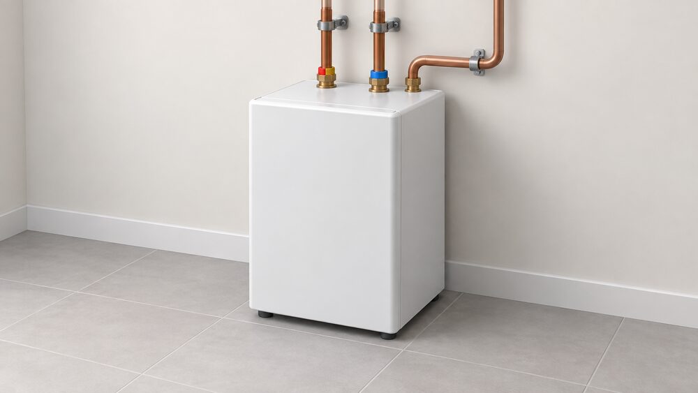 A compact white Thermino heat battery unit, a boxy hot water cylinder replacement, shown close up standing on a floor in a utility space with its pipework connections visible and no other equipment.
