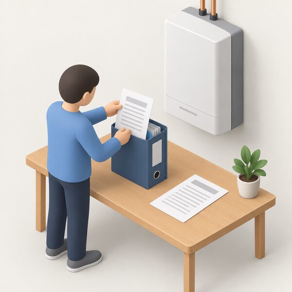 A printed warranty document lying on a table beside a commissioning paperwork folder and a wall-mounted thermal heat battery unit, with a simplified isometric figure filing the document into the folder.