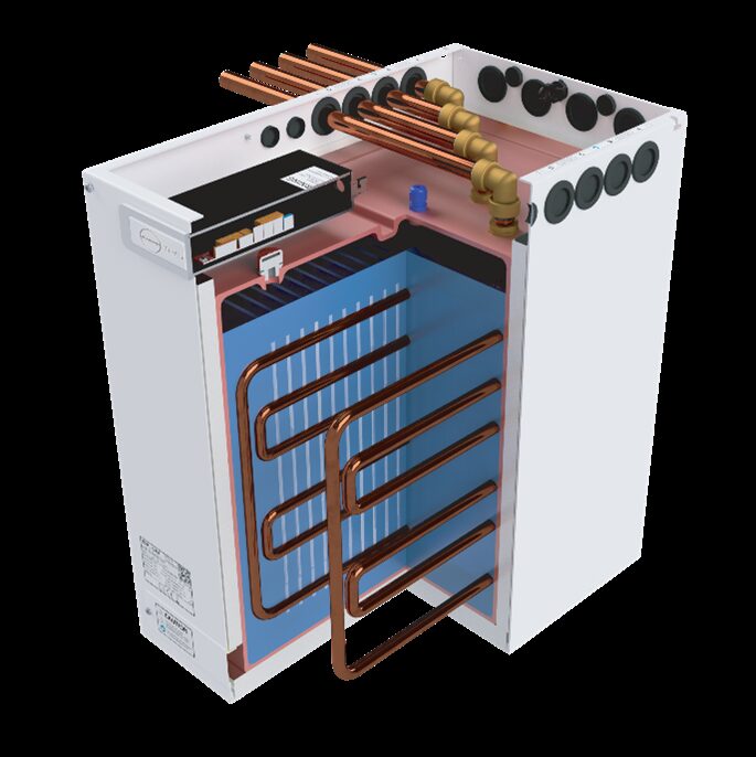 A cutaway 3D render of a Sunamp heat battery unit showing its internal copper heat exchanger coils and phase-change material core