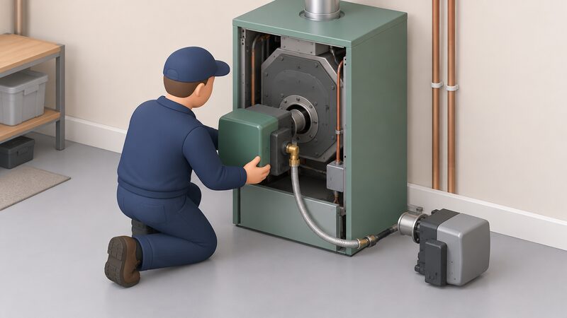 An installer fitting a replacement HVO burner into a domestic oil boiler with the original burner unit removed and set aside, the boiler casing open in a home utility space.