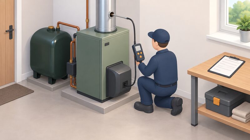 A technician kneels beside a converted oil boiler in a home, probe in the flue, taking a flue gas analyser reading while commissioning paperwork rests on a nearby surface.