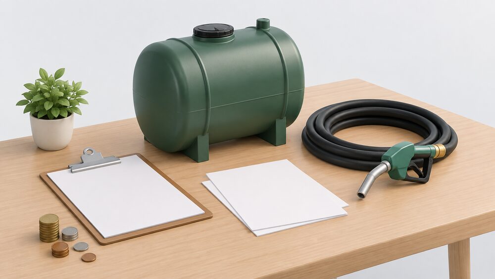 A small model of a domestic oil tank standing on a table beside a coiled fuel delivery hose with a nozzle, blank paperwork, a clipboard and a few coins, arranged as the moment a household considers switching its delivered heating fuel.