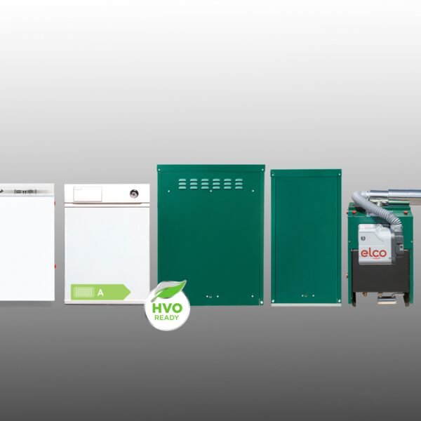 A lineup of Firebird oil boiler cabinets in white and green with an Elco burner and an HVO Ready badge