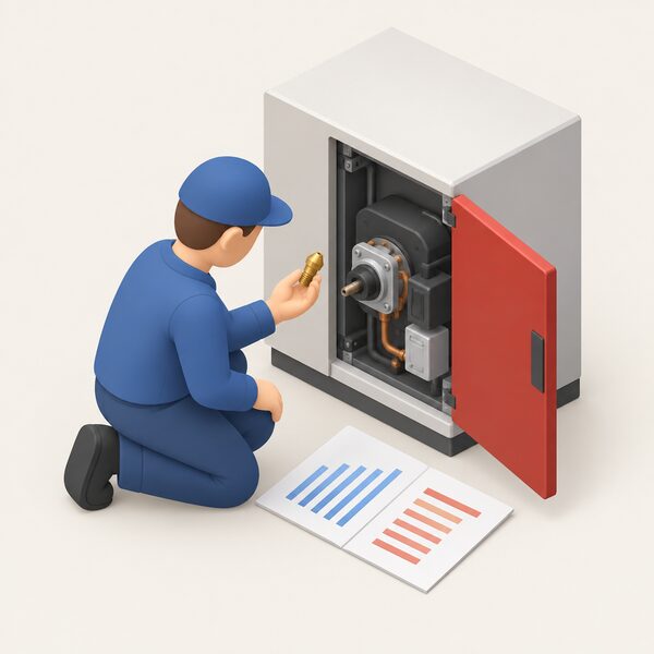 A simplified installer figure kneels beside a domestic oil boiler with its front panel open, holding the removed atomising nozzle up to view while a printed throughput chart sheet lies open on the work surface beside the burner for matching the nozzle to the fuel.