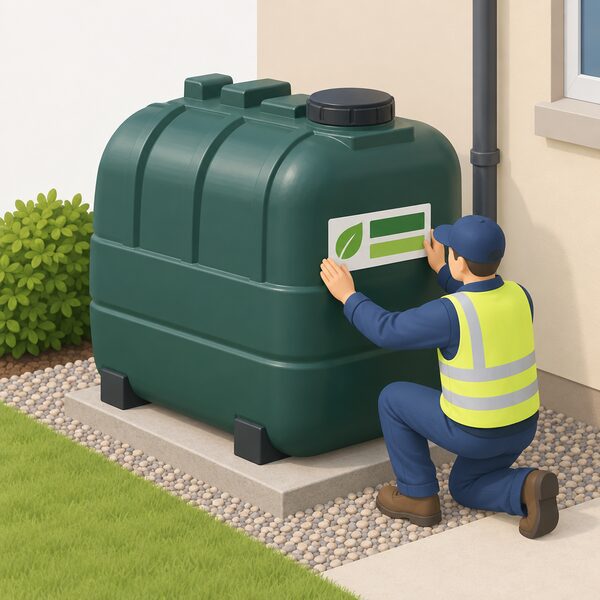 A domestic plastic oil storage tank standing outdoors beside a house wall, with a plain conversion sticker fixed to its side identifying it as suitable for HVO, an installer figure kneeling to press the sticker in place.