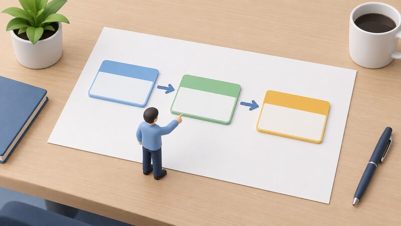 A printed diagram sheet lying on a desk showing three plain blank blocks in a row connected left to right by simple arrows, representing a safety assessment, an independent review and a letter of assistance, with a small isometric figure standing beside the desk pointing at the middle block.