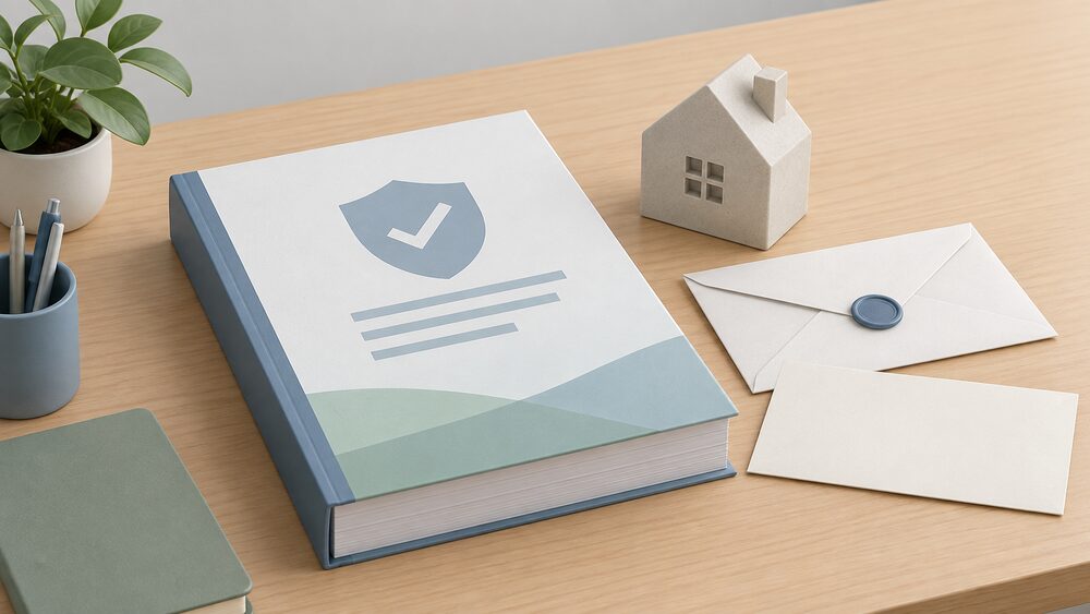 A small arrangement on a desk of a thick bound safety assessment report beside a sealed official letter and a blank envelope, with a plain house-shaped paperweight resting on the papers, suggesting a regulator's review of hydrogen heating safety evidence.