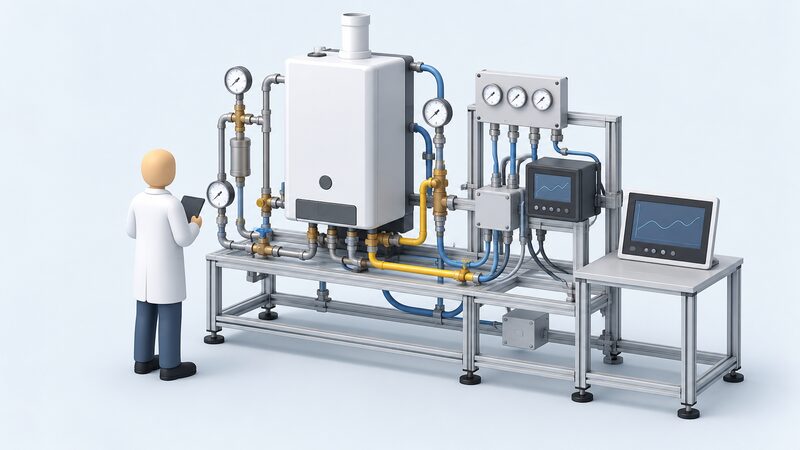 A laboratory test rig where a simplified technician stands beside a domestic hydrogen boiler prototype mounted on a bench, connected by pipes and cables to gauges, valves and monitoring instruments, showing the prototype appliance being tested rather than installed in a home.