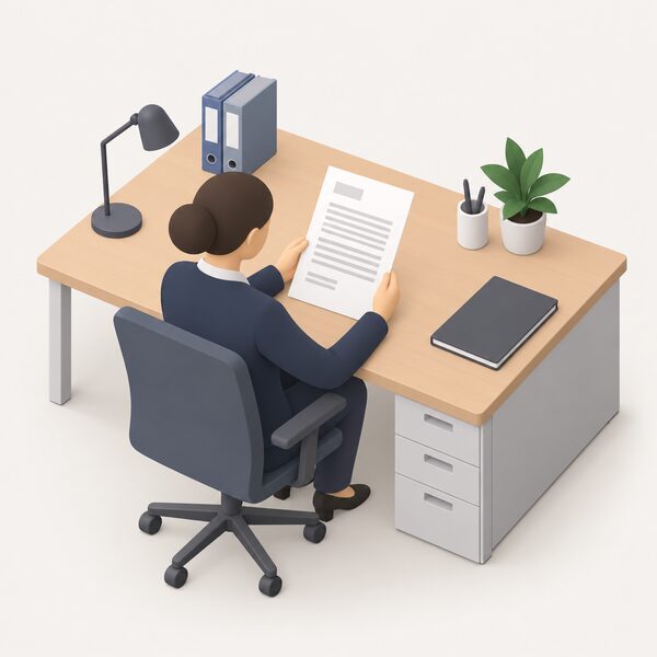 A formal letter on plain headed paper lying on an office desk, addressed from the safety regulator to a government department, its content shown only as blank lines and plain paragraph blocks, with a simplified isometric figure of a civil servant at the desk reading it.