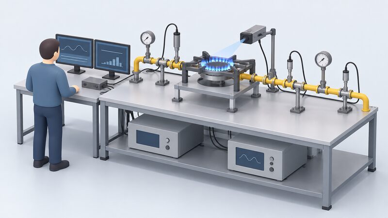 A laboratory test bench where a technician in plain clothing monitors a hydrogen appliance burner connected to gas pipework with joints, surrounded by instrumentation: a flame detector sensor aimed at the flame, pressure gauges and leak-detection probes at the pipework connections.