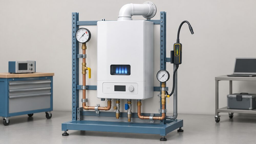 A wall-hung gas boiler mounted on a laboratory test rig, shown close up, with its gas connection pipework, a flame sight window, pressure gauges and a leak-detection probe positioned around it, and no certificate or mark anywhere in the scene.