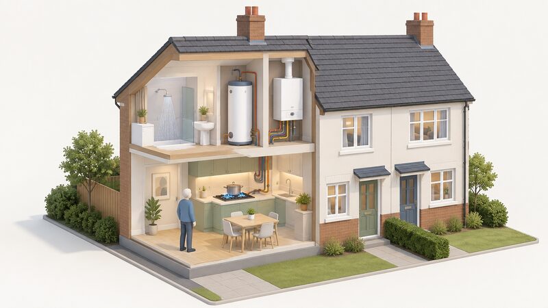 A cutaway view of a semi-detached show home with a hydrogen boiler, hot water cylinder and hydrogen hob in use, a simplified visitor figure looking at the kitchen appliances while the house is clearly a demonstration setting rather than a certified installation.