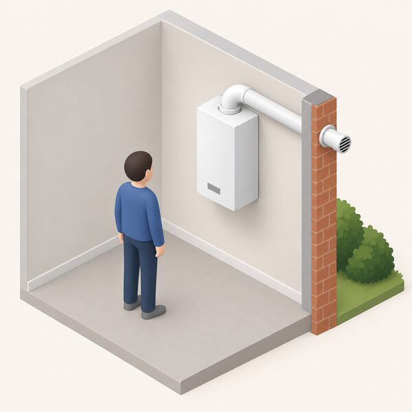 A simplified isometric figure stands indoors beside a wall-mounted hydrogen-ready boiler fixed to an inside wall, with its horizontal flue pipe passing through the outside wall to terminate outdoors, showing the appliance class that cannot yet be certified.