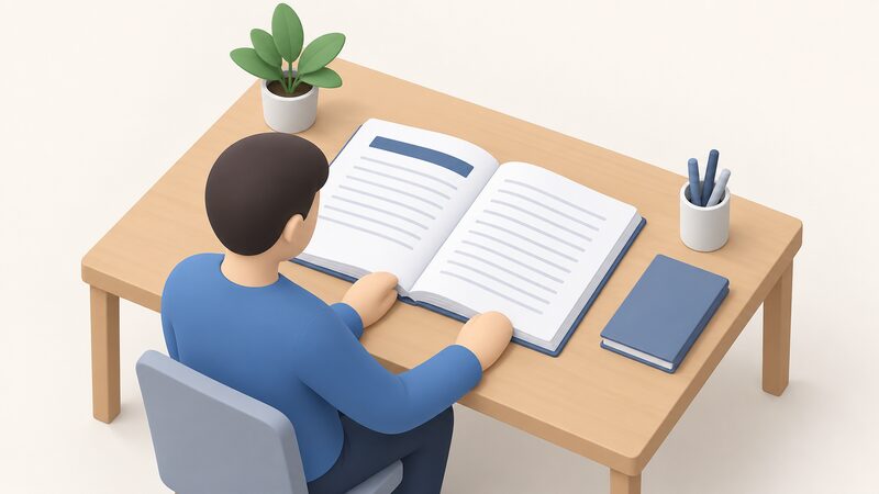 A printed standards document lying open on a plain desk, its pages showing a clause heading and blank ruled lines, with a simple isometric figure of a person reading it, conveying that certification depends on a published standard to test against.