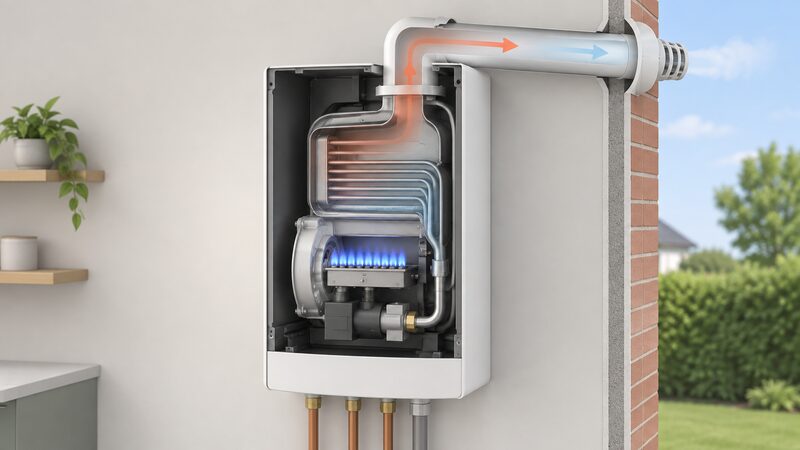 A cutaway view of a wall-mounted condensing boiler showing the burner and fuel train at the front, the heat exchanger behind it, and the flue path running from the top of the casing out through the wall.