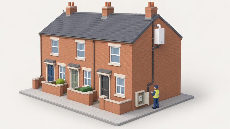 A simplified isometric terraced house with an open external meter box on the front wall, plain pipework running from the meter up the brick exterior to a wall-mounted boiler, with a small figure inspecting the pipe route.