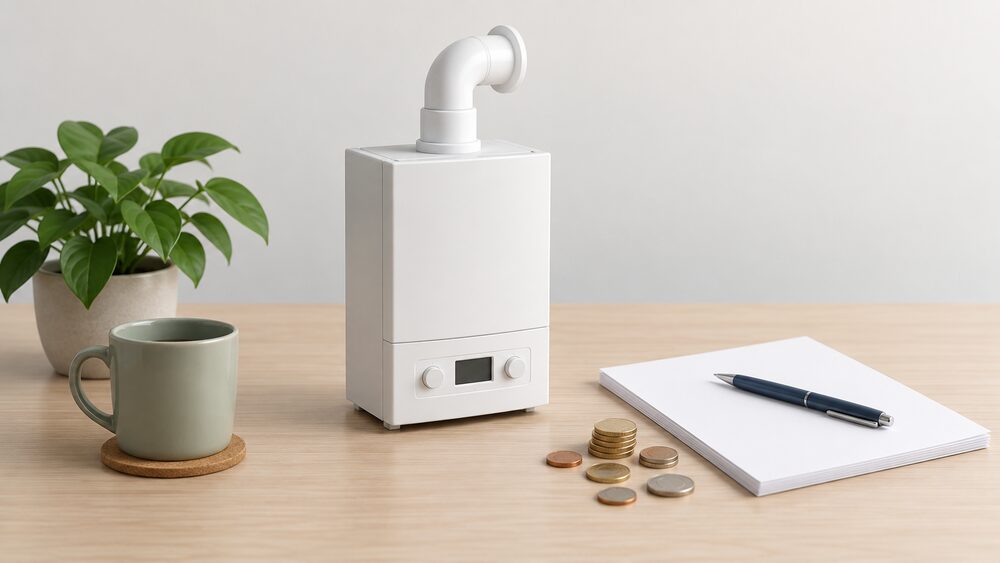A small model of a modern wall-hung condensing gas boiler with its white flue pipe stands on a table beside blank paperwork, a pen and a scatter of coins, suggesting a household weighing a future boiler purchase.