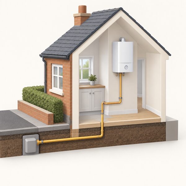 A wall-mounted gas boiler in a home connected by a gas supply pipe to the incoming gas grid supply, showing natural gas as the most common boiler fuel arriving through the grid.