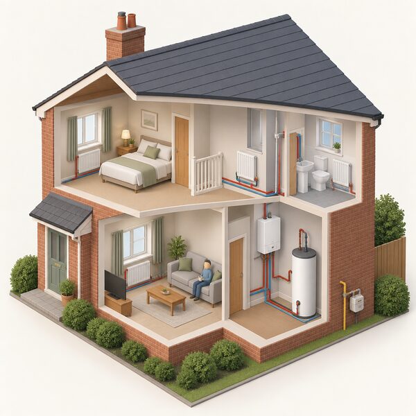 A typical UK home shown in cutaway with a natural gas boiler supplying radiators and a hot water cylinder, with no hydrogen alternative anywhere in the scene.