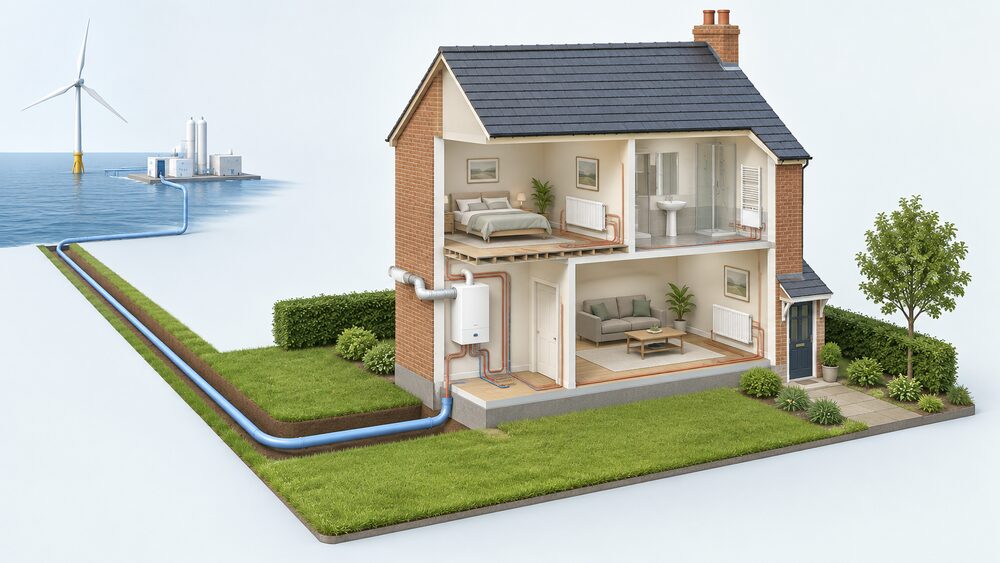 A cutaway of a single UK house on a hydrogen heat network trial: a hydrogen boiler on an indoor wall with a flue through the external wall, radiators on the walls, and a buried network pipe running from the street into the house, with an offshore wind turbine and electrolyser unit visible in the distance.