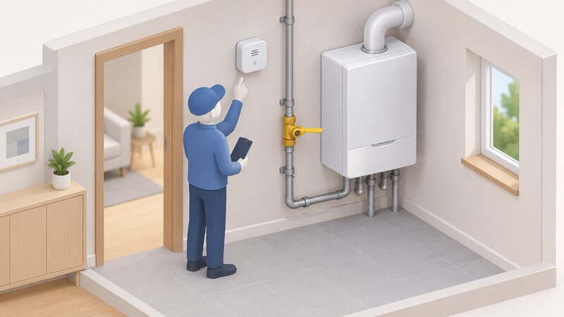 A wall-mounted gas detector fixed high on an interior wall of a trial home near a hydrogen boiler, with an isolation shut-off valve on the gas supply pipe beside it, a simplified figure inspecting the detector.