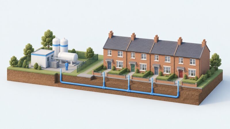 A short row of terraced houses joined to a small hydrogen trial network, with a simplified underground pipe running from a compact local production and storage site to only those homes, shown as a defined group rather than a whole town.