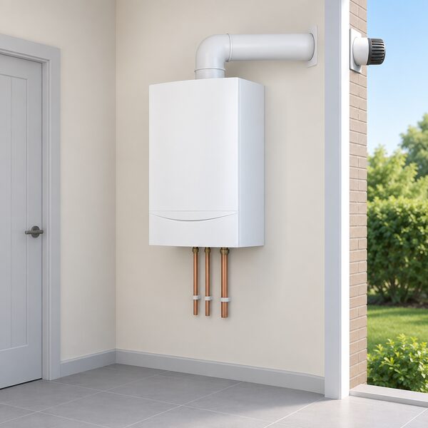 A plain white wall-mounted hydrogen boiler fixed high on an interior house wall, drawn as a simple boxed appliance with a flue pipe passing through the wall to the outside, shown alone in a tidy room with no person present.