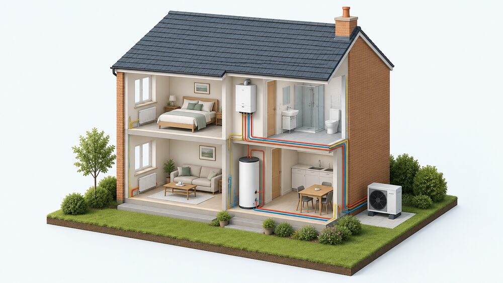 A cutaway house showing a wall-mounted gas boiler indoors connected to the gas supply and radiators, a hot water storage cylinder, and an air source heat pump fan unit standing outside the external wall with pipework running into the home.