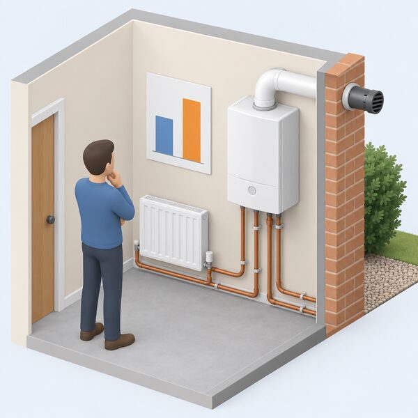 A cutaway room interior showing a wall-mounted gas boiler connected to pipework with its flue passing through the outside wall to a terminal outdoors, and beside it a printed comparison sheet showing plain bars for a gas boiler and a heat pump.