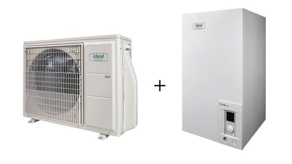 An Ideal Heating air source heat pump outdoor unit shown alongside its matching indoor cylinder unit on a white background