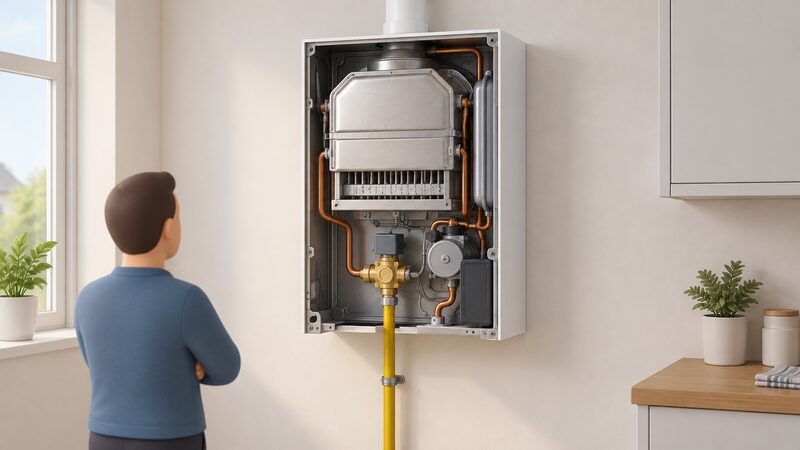 A wall-mounted domestic hydrogen boiler with its front casing removed, revealing the internal burner assembly and the gas valve on the hydrogen supply pipe entering from below, drawn as a clean cutaway in a plain home setting.