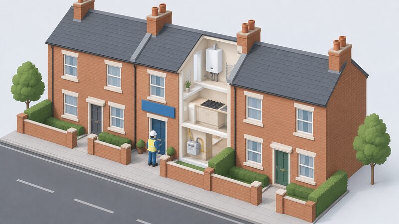 A terraced street of plain brick houses where one mid-terrace home is marked out as a hydrogen demonstration home, with a small isometric figure of an engineer at its front door and hydrogen appliances visible inside a cutaway, while neighbouring houses stand ordinary beside it.