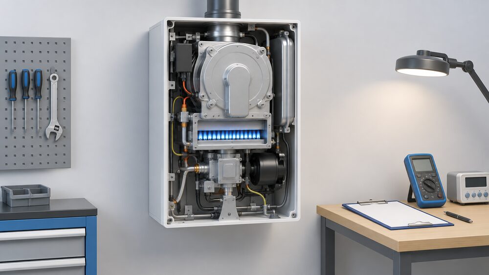A wall-mounted hydrogen boiler of the type developed for the Hy4Heat programme, shown close up in a plain test-environment setting, with its front cover removed to reveal the burner assembly and a clipboard and calibration instruments resting on a nearby bench.
