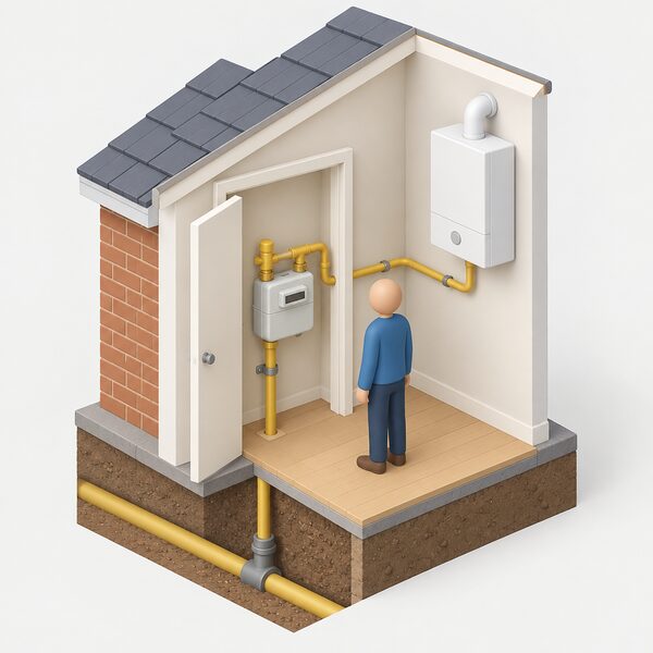 An isometric cutaway of a home's meter cupboard showing the incoming gas supply pipe rising through the floor to a hydrogen gas meter, with pipework continuing to a wall-mounted boiler and a small simplified figure standing beside the meter, all conveying continued reliance on the central gas network.