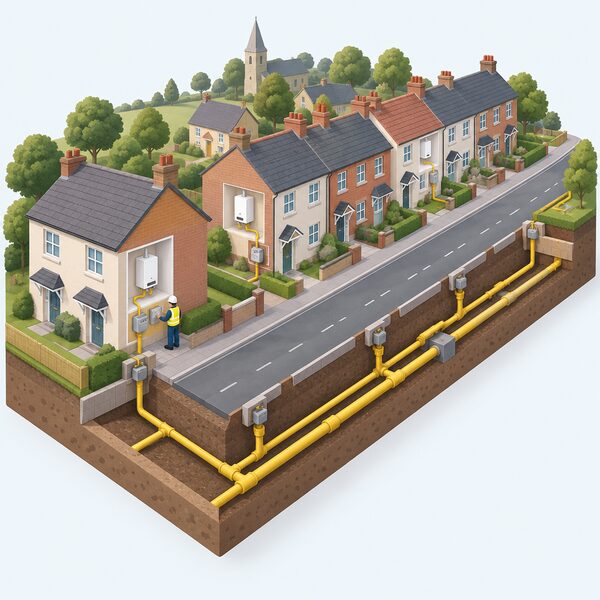 A simplified isometric view of a village street of ordinary terraced and semi-detached homes, with underground gas pipework shown beneath the road connecting the houses, and a small figure of an engineer inspecting a pipe junction at a home's gas meter point as part of a trial.