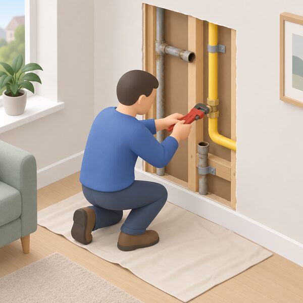 A worker in plain clothing kneels beside an exposed section of interior wall where old gas pipework has been cut away and new replacement pipe is being fitted with a wrench, the disconnected ends of the existing gas supply left open nearby.