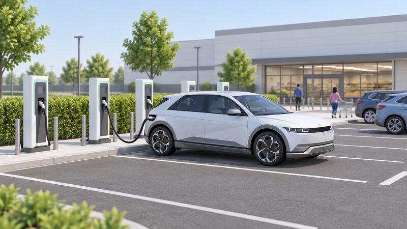 A row of public electric vehicle charge points along the edge of a supermarket car park, with a simplified Hyundai IONIQ 5-style electric car plugged into one of them by a charging cable, showing a battery electric car using the broad public charging network.