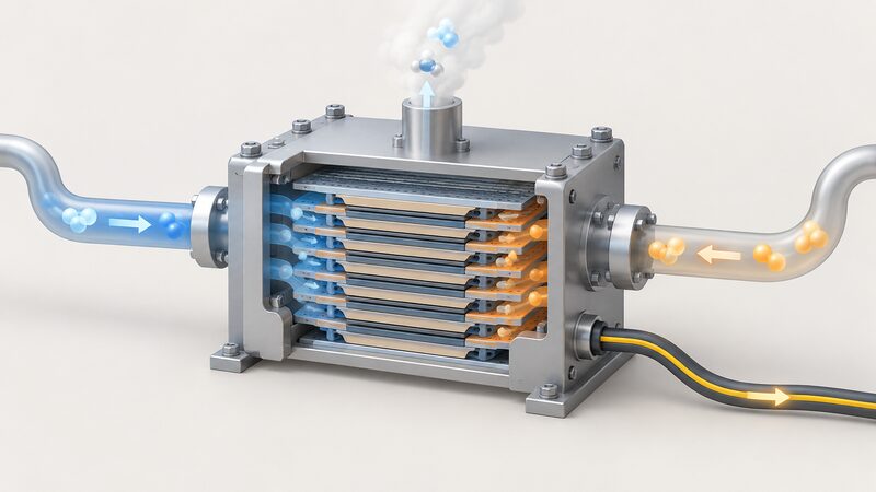 A cutaway diagram of a fuel cell stack drawn as a technical object, with a hydrogen inlet pipe on one side, an air inlet on the other, a water vapour outlet at the top and a cable carrying electricity away.